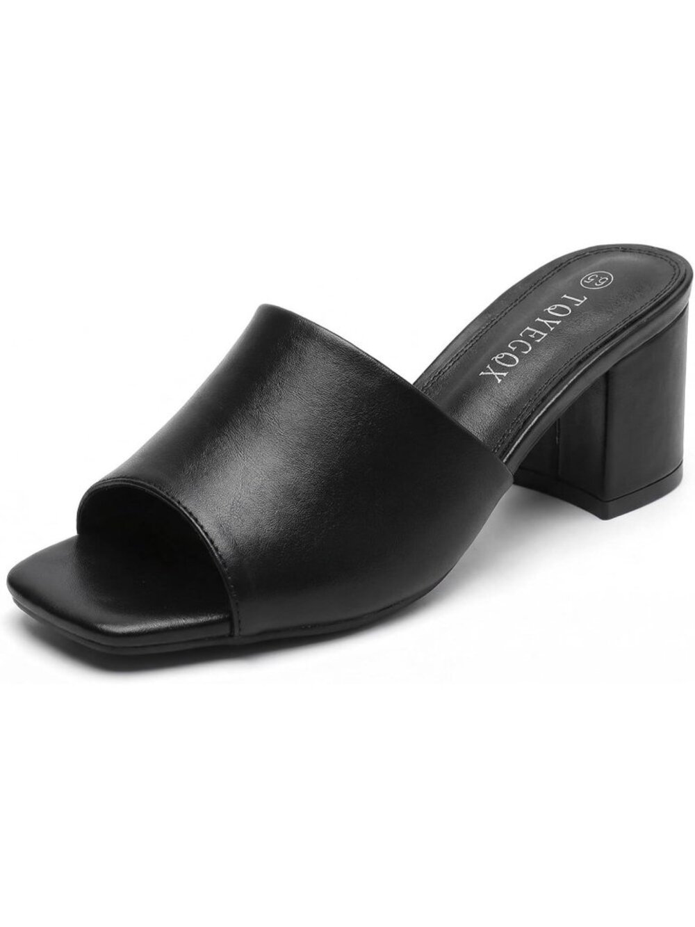 Women's Black Pu Comfortable Square Open Toe Chunky Block Low Sandals Heels